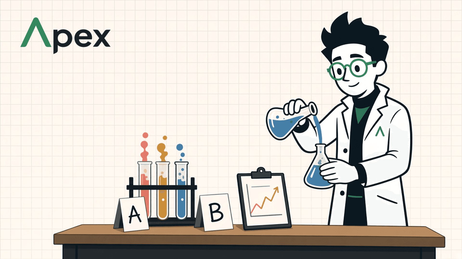 Apex Guy running an A/B test at a lab bench on graph paper